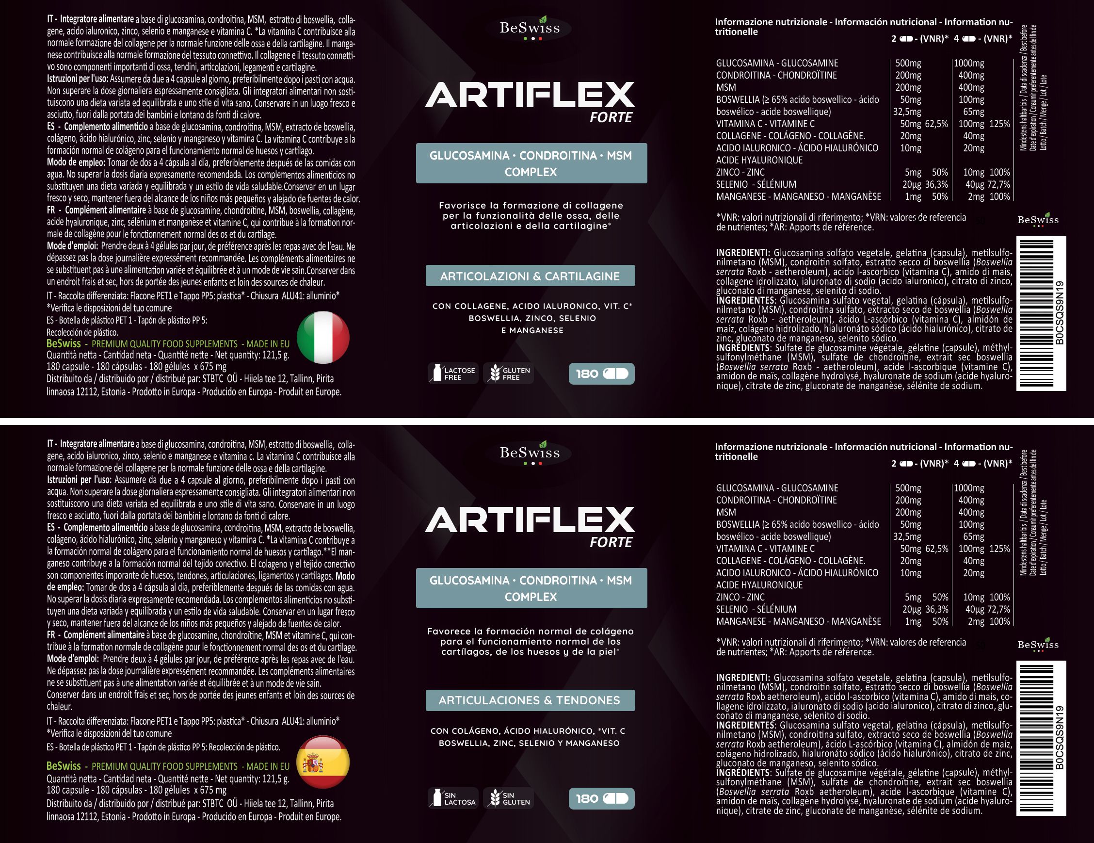 Due etichette del prodotto ArtiFlex Forte. Informazioni sugli ingredienti e il valore nutrizionale. Bandiere italiana e spagnola.