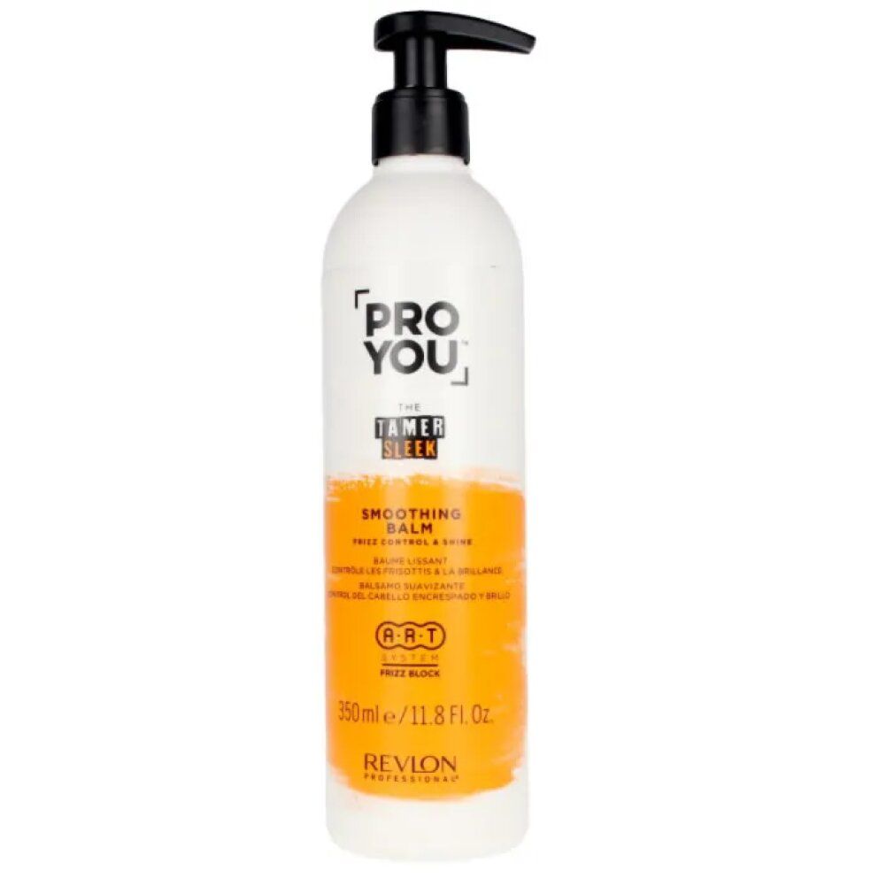 Flacone bianco-arancione con dosatore nero. Scritte: PRO YOU, THE TAMER SLEEK, SMOOTHING BALM. Marchio: Revlon.