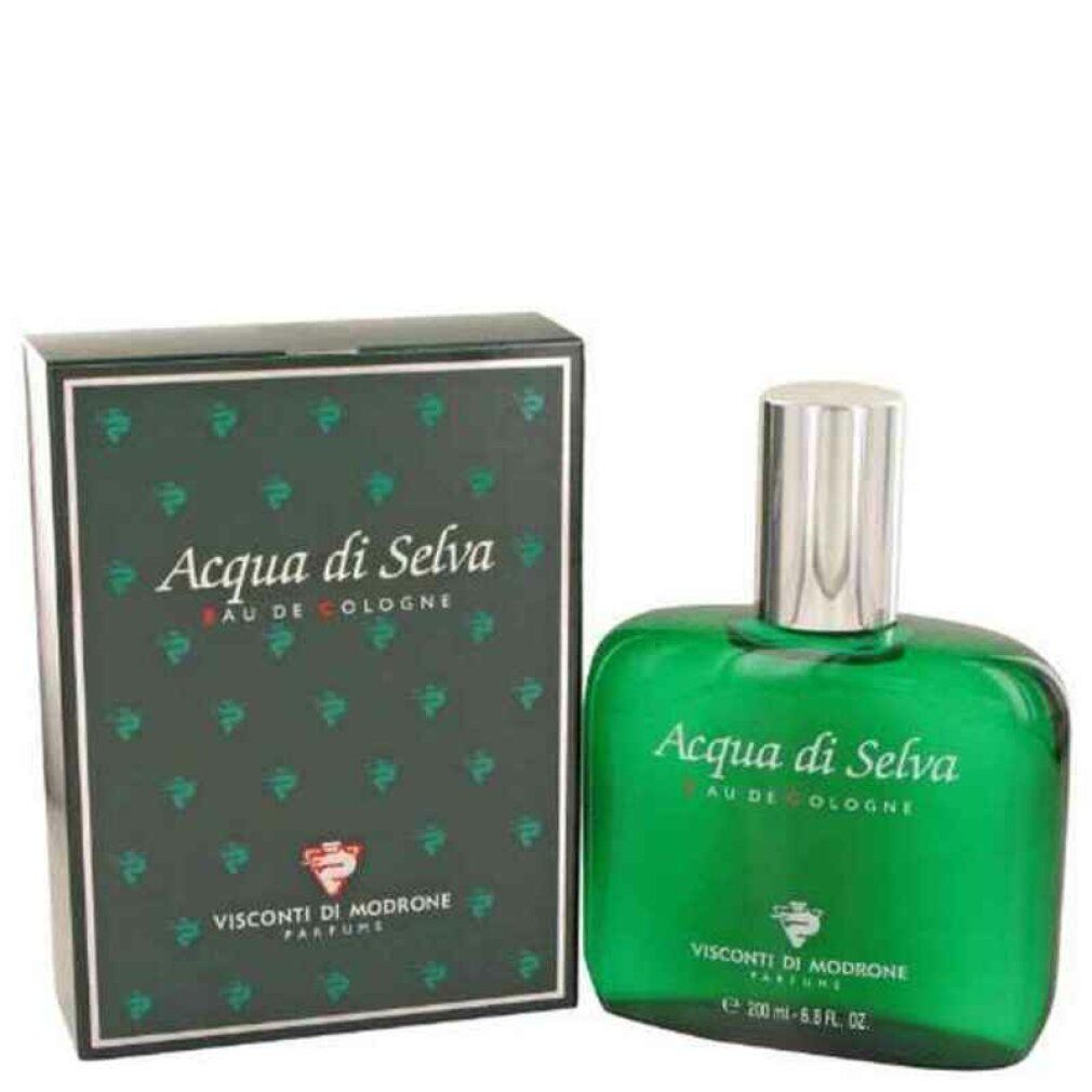 Flacone e scatola di vetro verde. Scritta: Acqua di Selva Eau de Cologne. Marchio: Visconti di Modrone. Flacone: 200 ml.