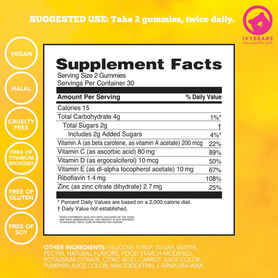 Tabella nutrizionale. Contiene informazioni su calorie, carboidrati, zuccheri, vitamine e minerali. Loghi: Vegano, Halal, Cruelty Free, ecc.