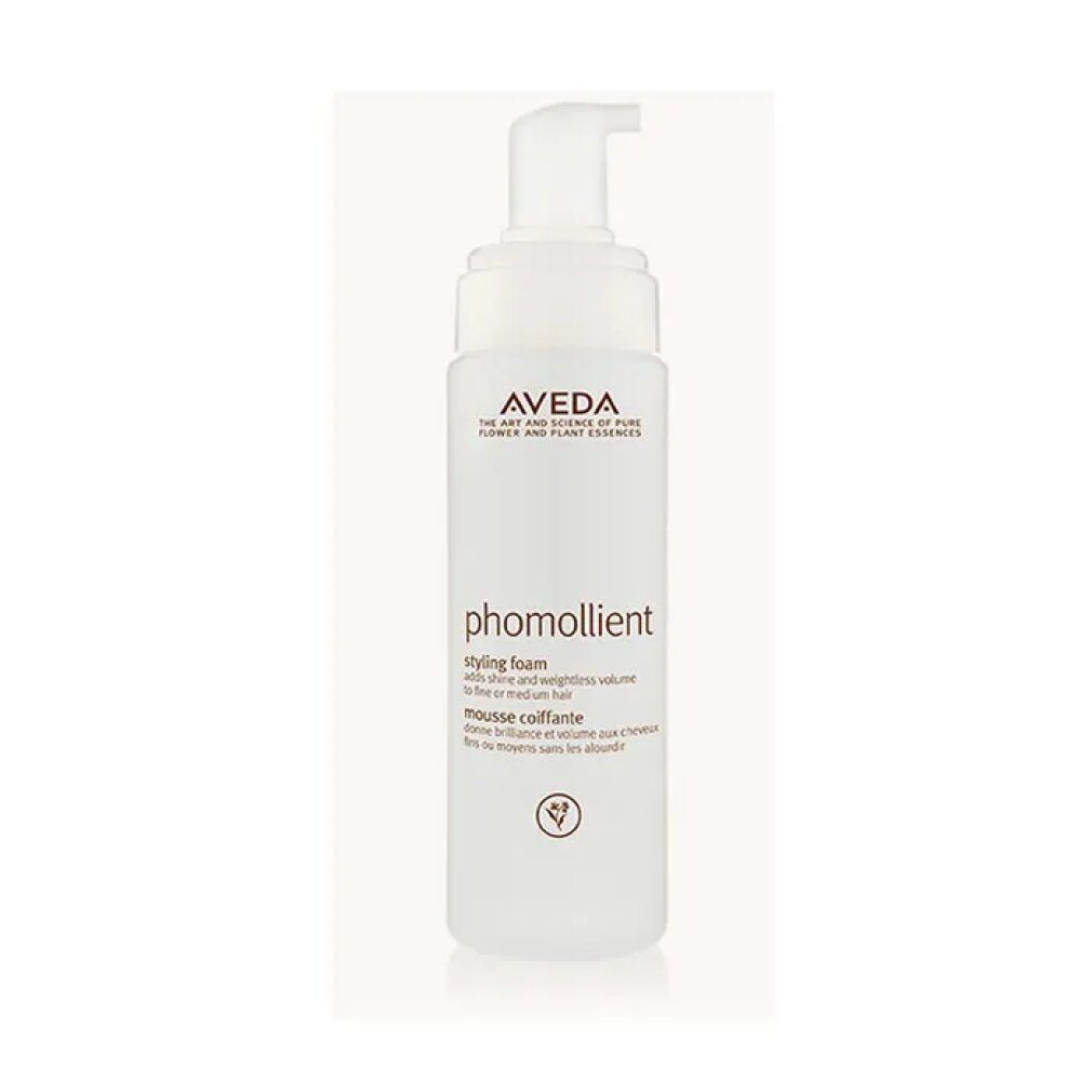 Flacone bianco con dosatore, logo Aveda e "phomollient". Logo vegano.