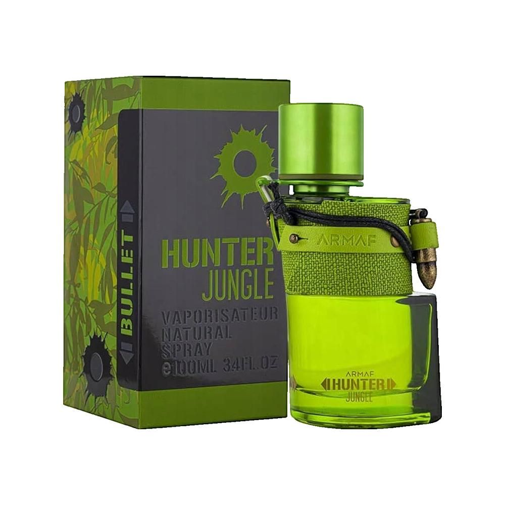 Flacone e scatola verdi con la scritta "Hunter Jungle". Il flacone ha un tappo verde e un cinturino nero. La scatola ha un motivo verde.