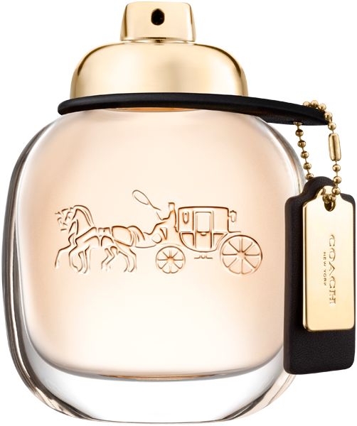 Flacone di profumo rotondo con tappo dorato, nastro nero e ciondolo. Emblema Coach.