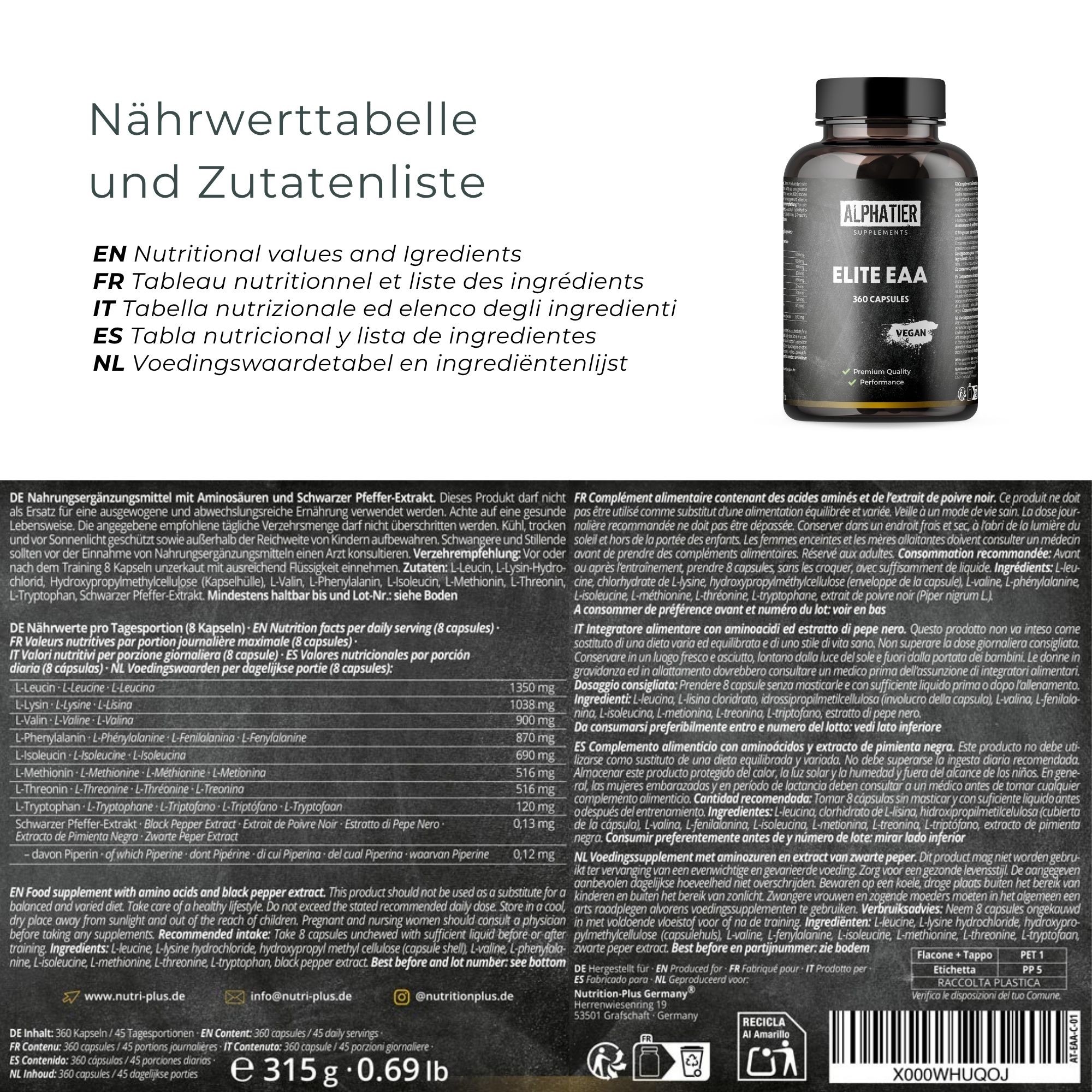 Capsule Alphatier Elite EAA: Flacone con tabella nutrizionale e lista ingredienti in più lingue.