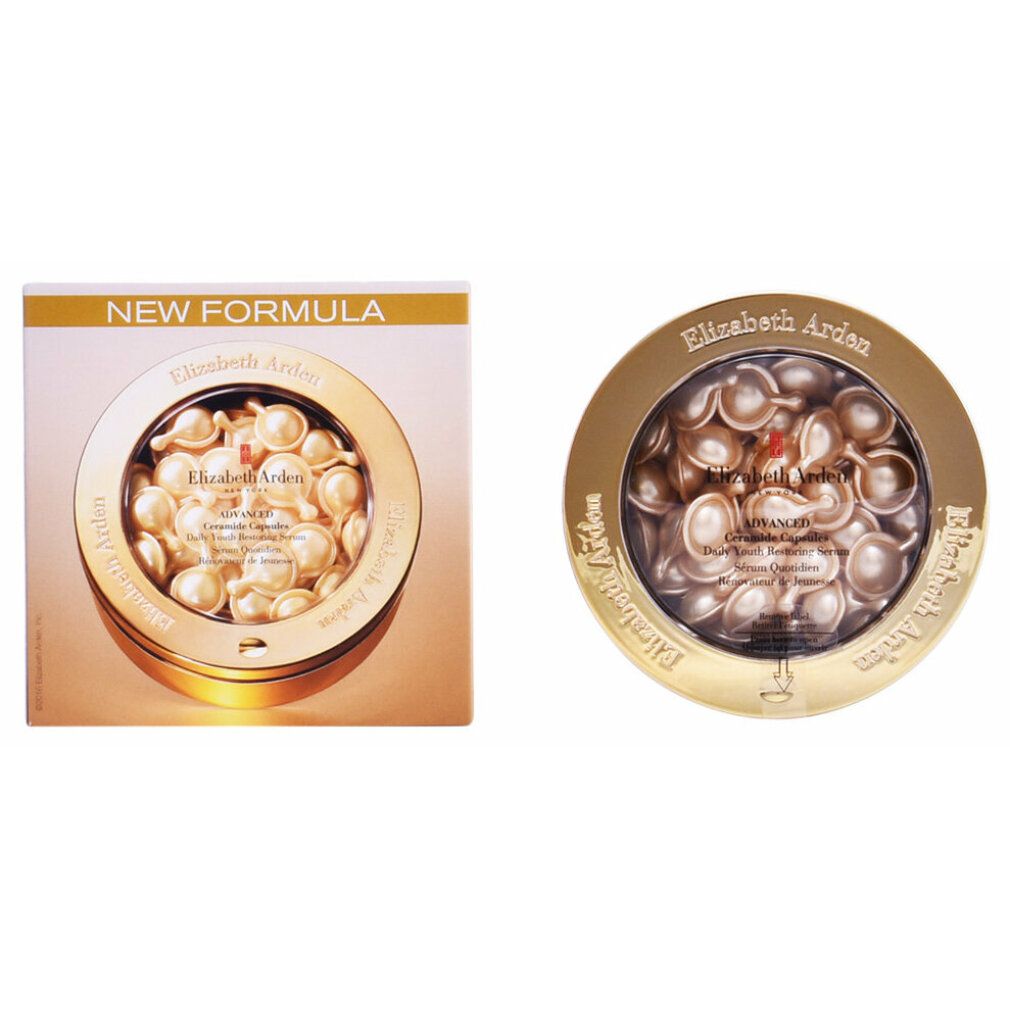 Capsule di siero Elizabeth Arden in scatola dorata. Scatola rotonda con coperchio trasparente. Testo: Elizabeth Arden, Advanced Ceramide Capsules.