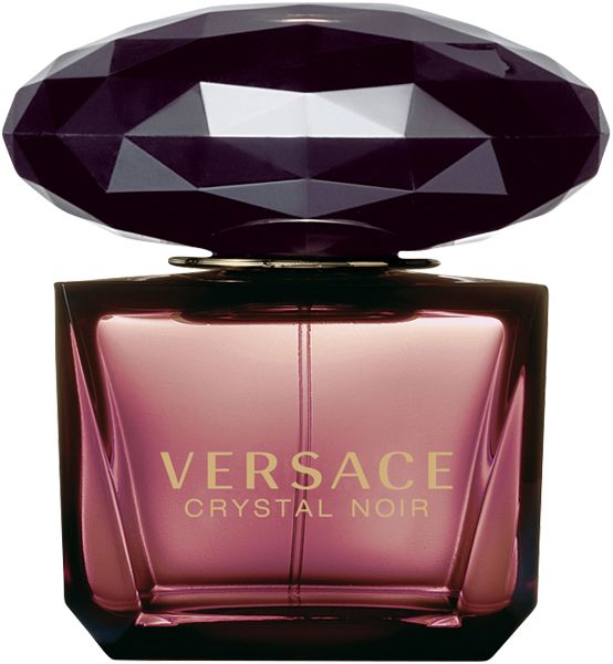 Flacone Versace Crystal Noir. Tappo sfaccettato marrone scuro. Scritta Versace Crystal Noir.