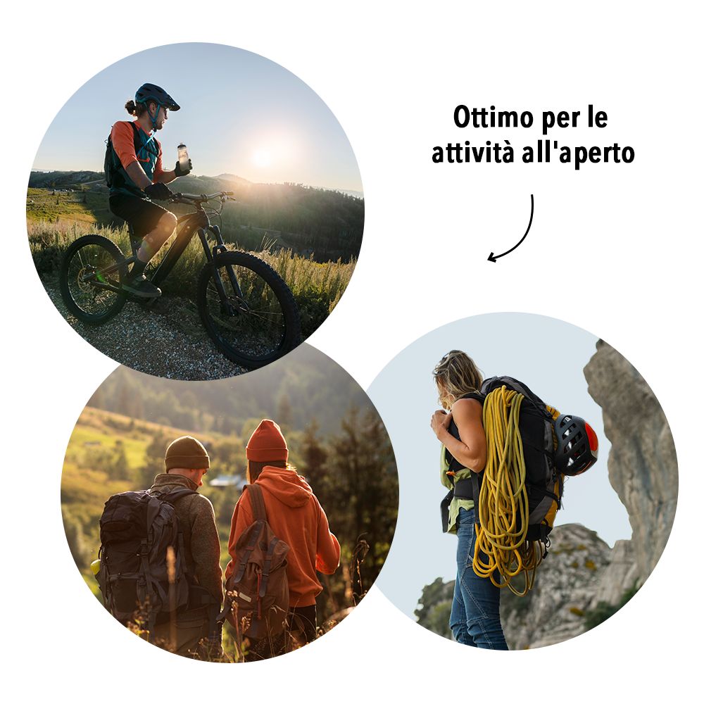Tre cerchi con persone che praticano attività all'aperto: ciclismo, escursionismo, arrampicata.