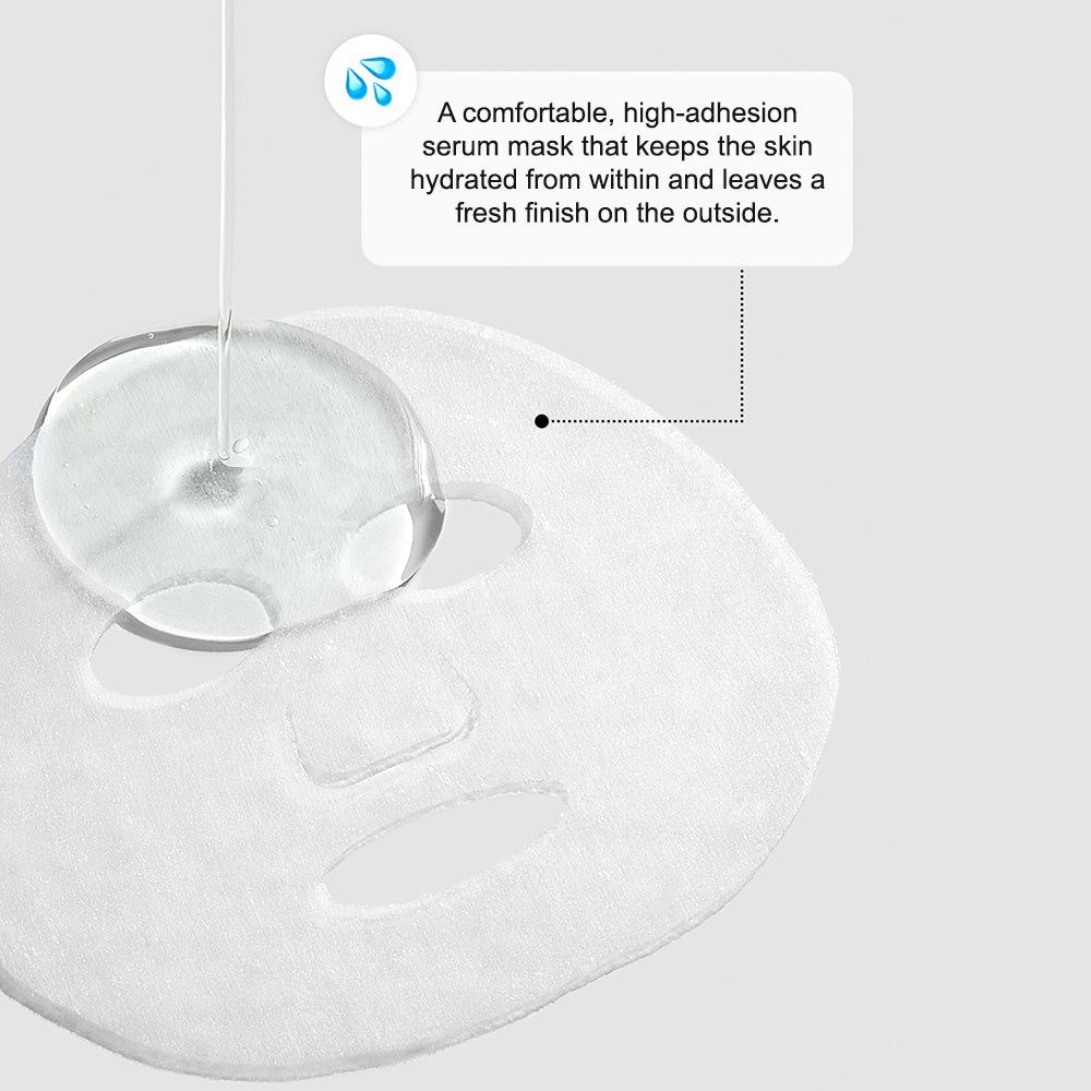 Maschera in tessuto bianca con siero applicato. Testo che spiega idratazione e freschezza.