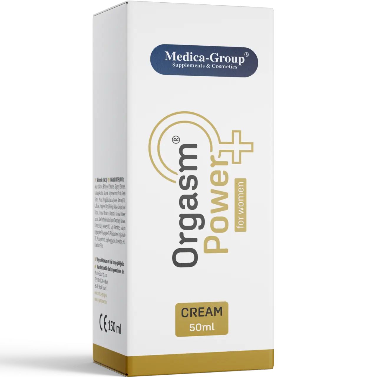 Scatola bianca. Scritta: Orgasm Power for women, crema 50ml. Marchio: Medica-Group. Logo e testo dorati.