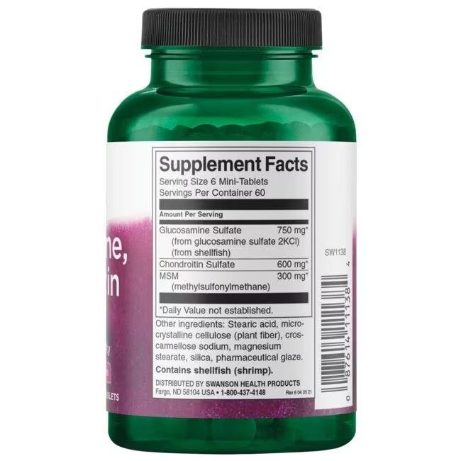 Retro del flacone verde. Etichetta con informazioni nutrizionali. Contiene glucosamina, condroitina, MSM. 60 porzioni.