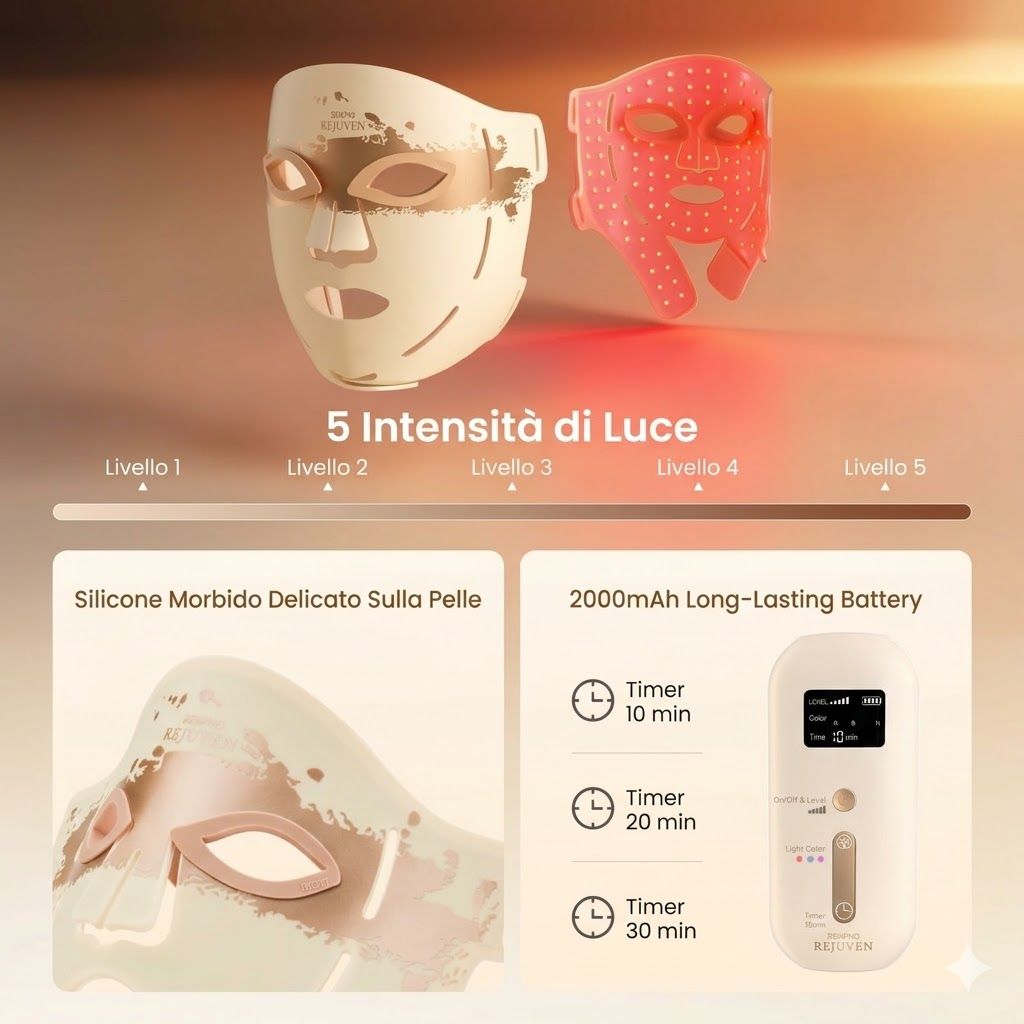 Due maschere facciali. 5 intensità luminose. Silicone morbido. Batteria con timer e display.