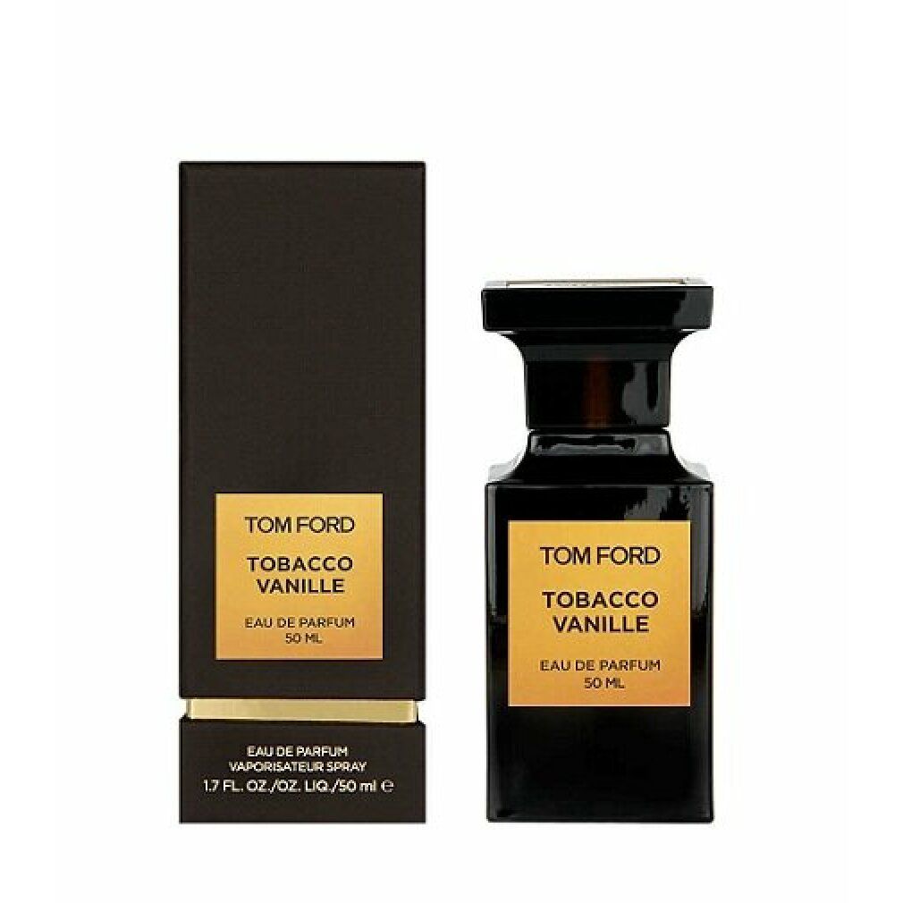 Flacone e confezione marrone scuro. Scritta: Tom Ford Tobacco Vanille Eau de Parfum 50 ml. Tappo nero.