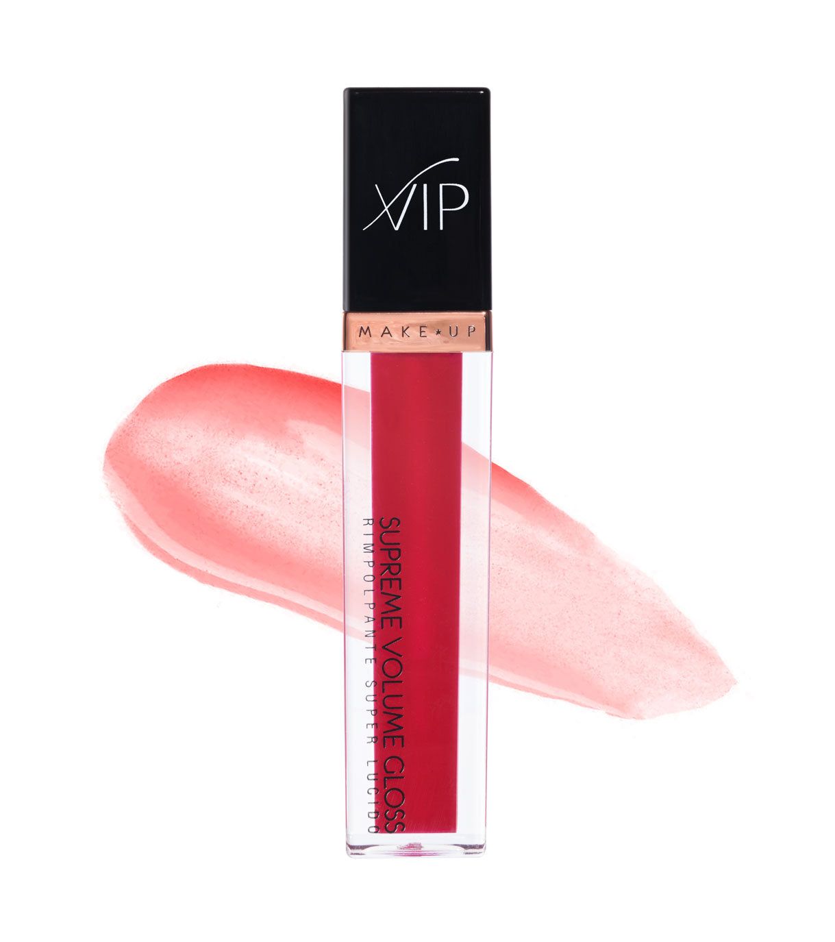 Lucidalabbra rosso in tubetto trasparente con tappo nero. Stampato "VIP MAKE UP" e "SUPREME VOLUME GLOSS". Uno swatch rosso a lato.