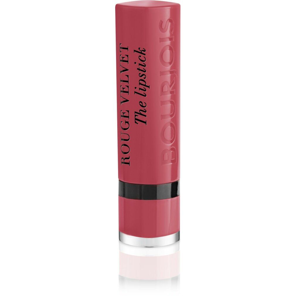 Rossetto con cappuccio chiuso. Astuccio rosa con testo bianco. Marchio: Bourjois Rouge Velvet The lipstick.
