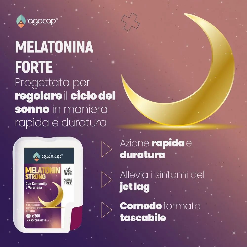 Confezione Melatonin Strong, 360 microcompresse. Con camomilla e valeriana. Azione rapida, jet lag, formato tascabile.