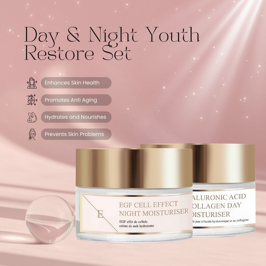 Due vasetti di crema con coperchi dorati ed etichette. Scritta: Crema giorno acido ialuronico + collagene e Crema notte EGF Cell Effect. Sfera.