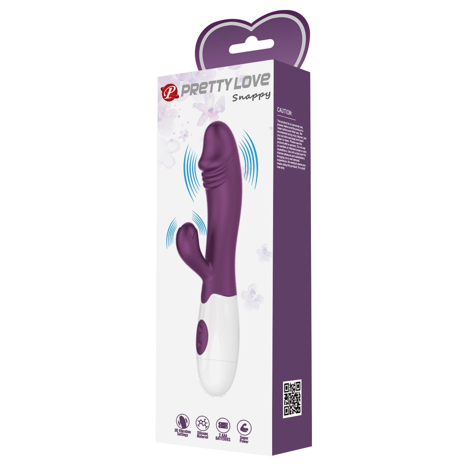 Confezione con vibratore viola e bianco. Marchio 'PRETTY LOVE Snappy'. Immagine del prodotto e icone.