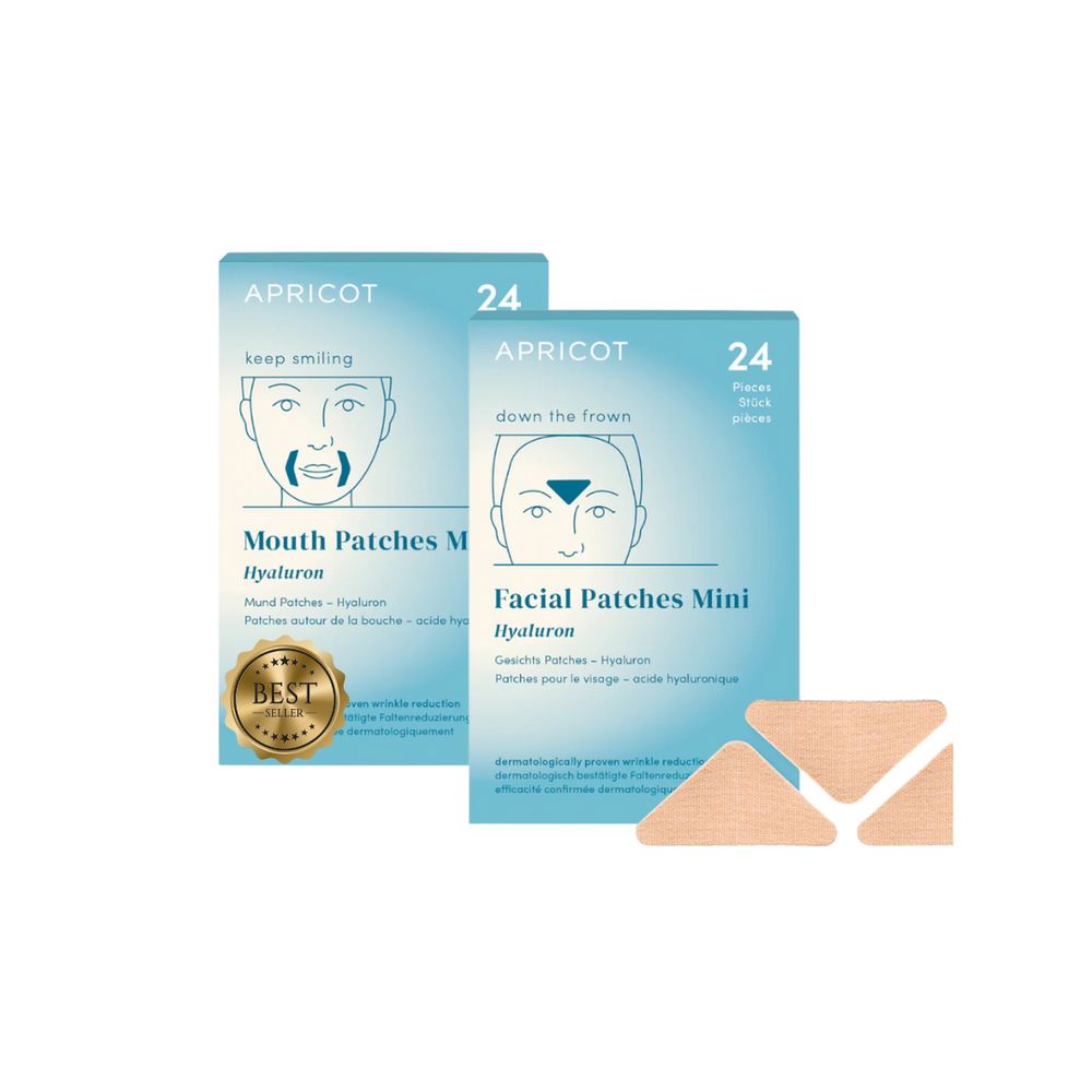 Due confezioni di mini-pad anti-età APRICOT, una per la bocca, una per il viso. 3 pad. Scritta: 24 pezzi.