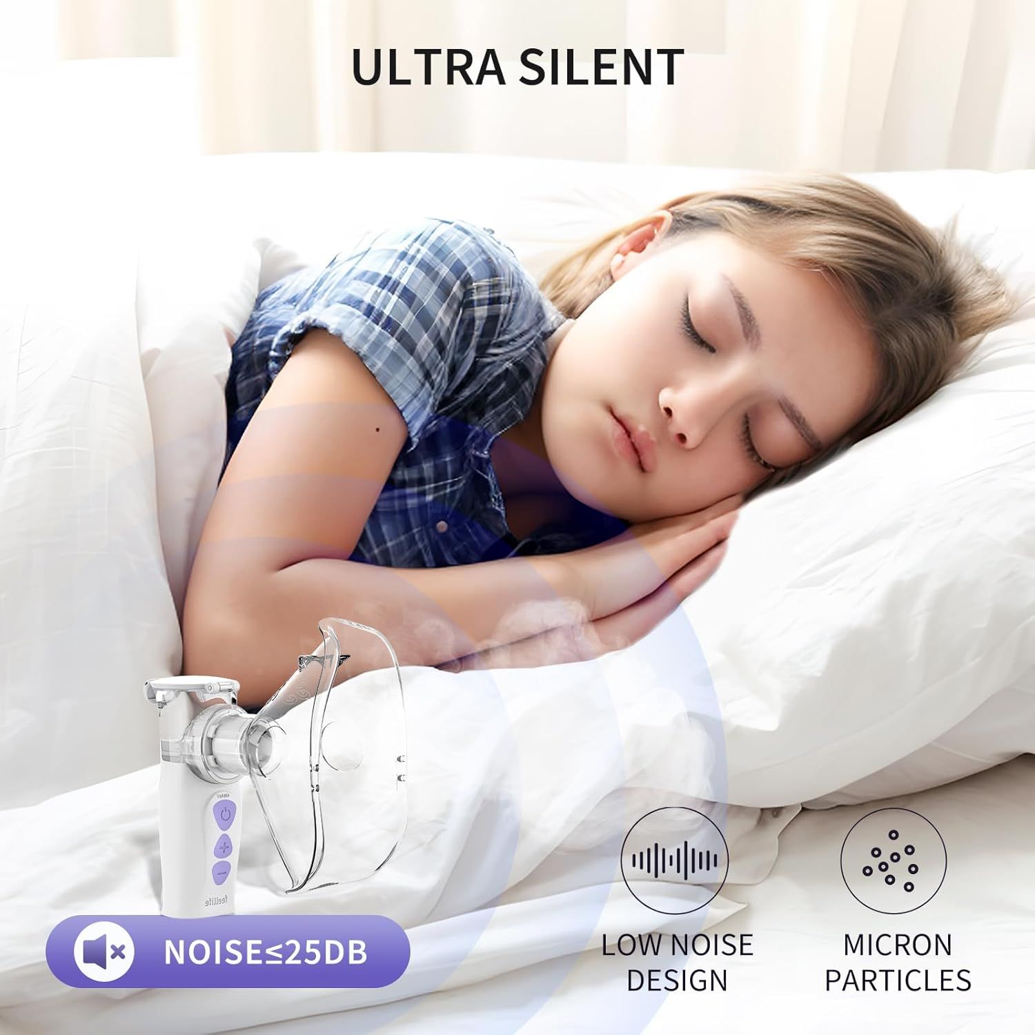 Donna che dorme a letto, inalatore accanto a lei. Testo: Ultra silenzioso. Livello di rumore ≤25dB. Design a basso rumore. Particelle microniche.