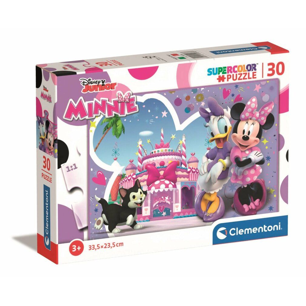 Scatola puzzle Minnie Mouse. 30 pezzi. Per bambini dai 3 anni in su. Dimensioni: 33,5 x 23,5 cm. Marca: Clementoni.