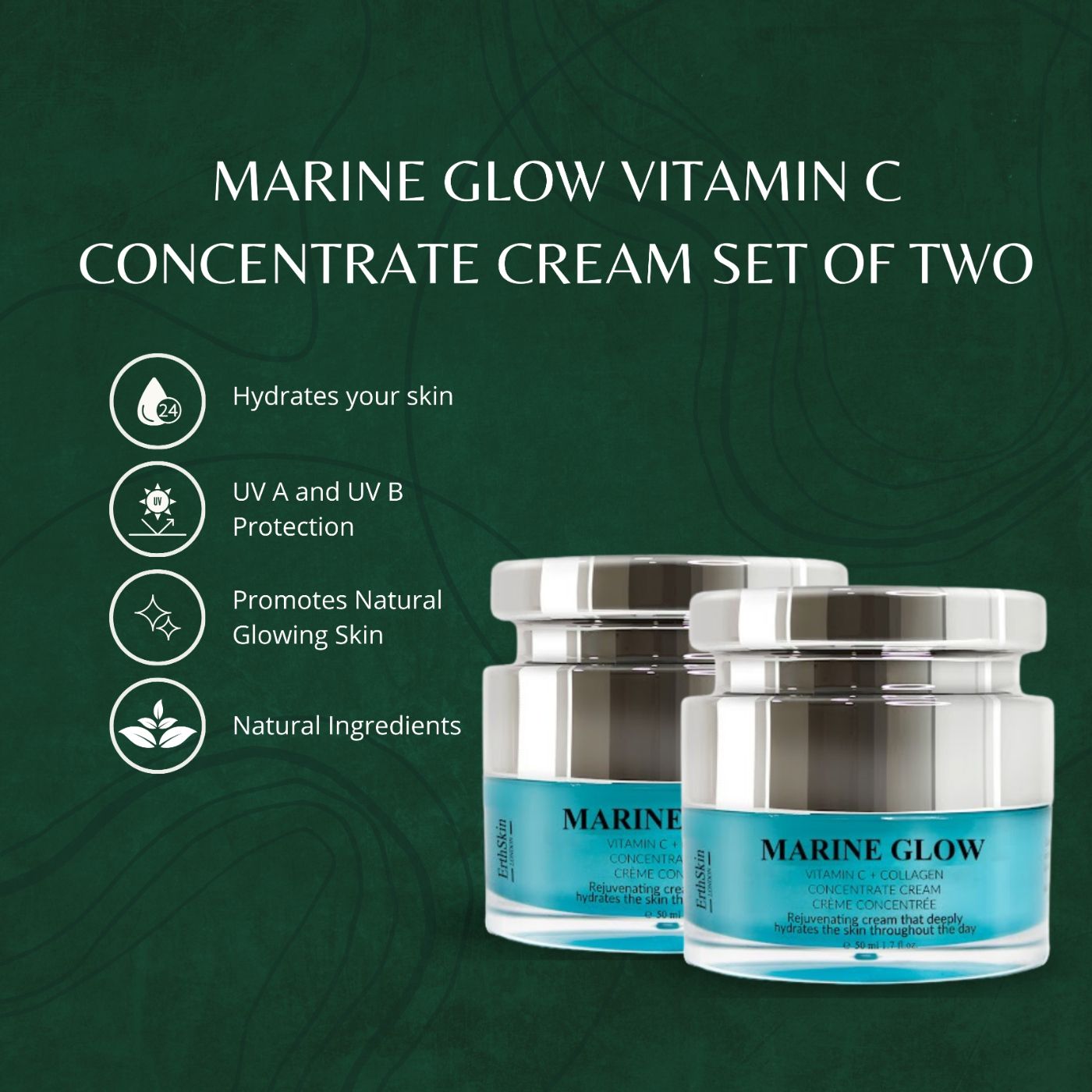 Due barattoli di crema concentrata Marine Glow Vitamina C con icone per la cura della pelle.