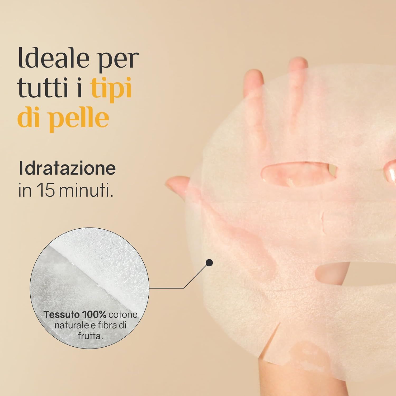 Maschera per il viso sulla mano. Testo: Ideale per tutti i tipi di pelle. Idratazione in 15 minuti. Tessuto 100% cotone naturale.
