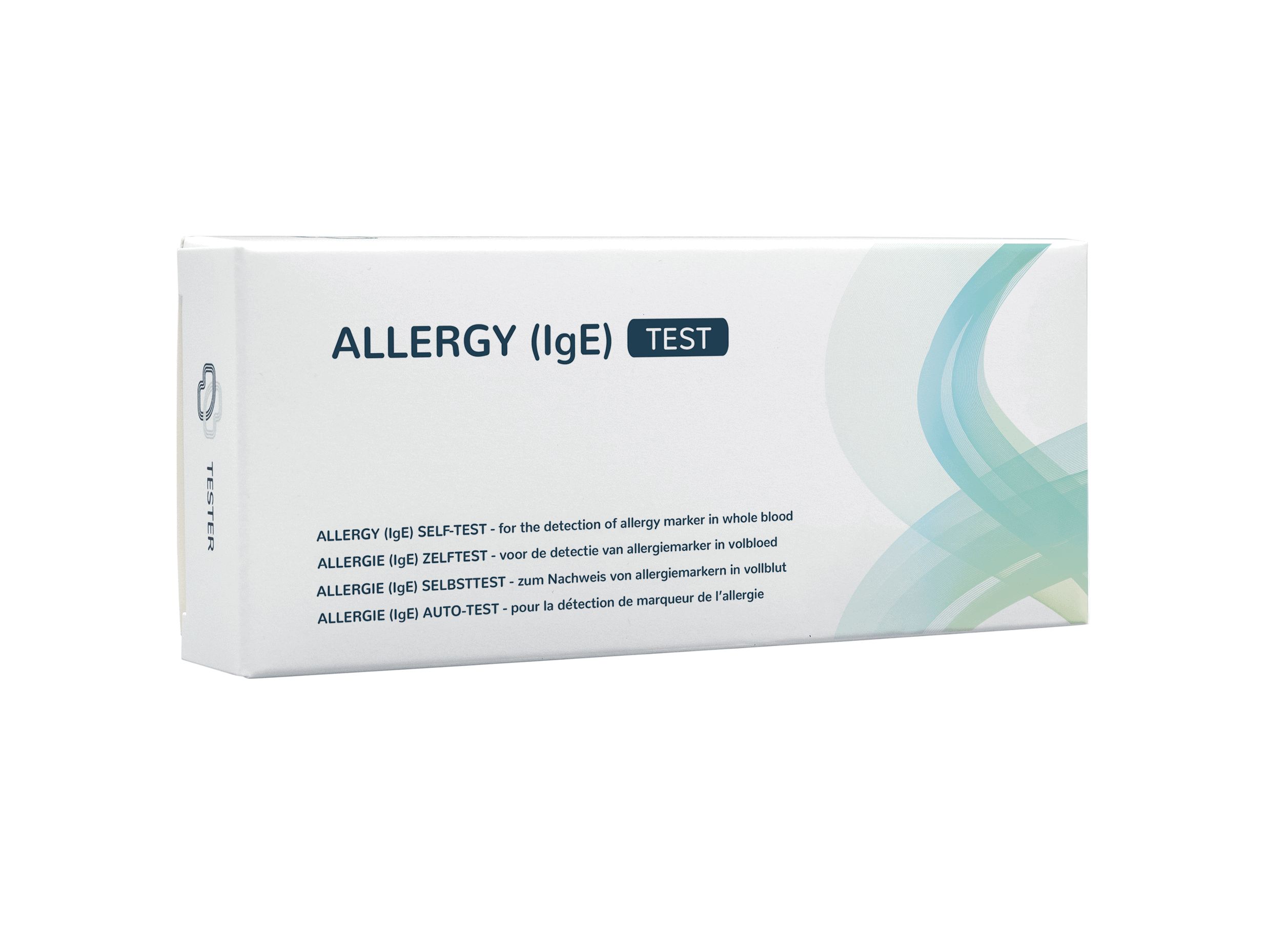 Confezione del test Allergy (IgE) con informazioni sul prodotto in più lingue.