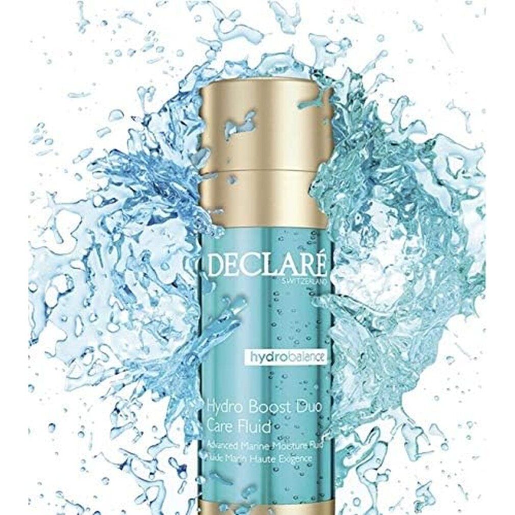 Flacone cilindrico con liquido blu, tappo e base dorati. Scritte: DECLARÉ, hydrobalance, Hydro Boost Duo Care Fluid.