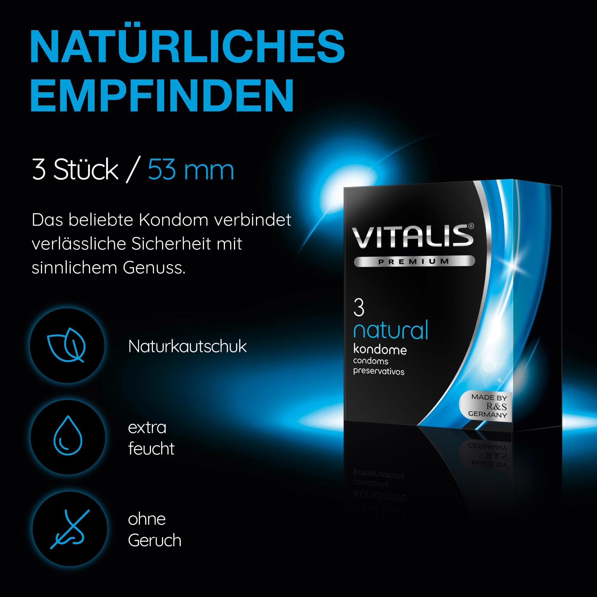 Vitalis PREMIUM Natural: 3 pezzi, 53 mm. Lattice naturale, extra lubrificato, inodore.
