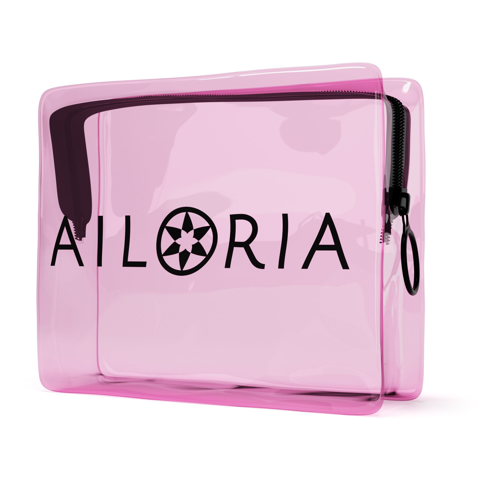 Pochette cosmetica rosa trasparente con cerniera. Scritta e logo AILORIA.