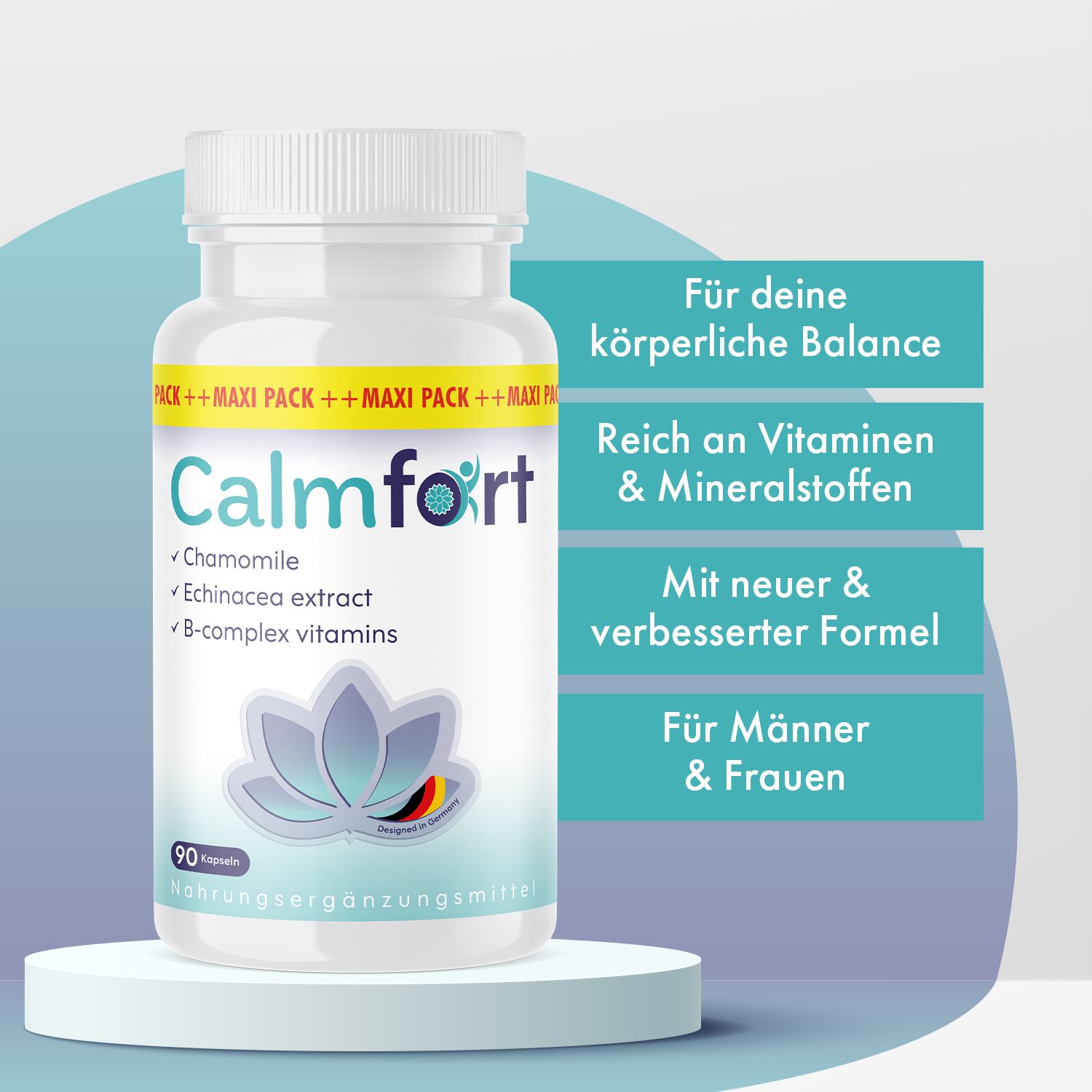 Flacone bianco di capsule. Scritta Calmfort, camomilla, echinacea, vitamine B. Scritta: Per il tuo equilibrio fisico, ricco di vitamine.