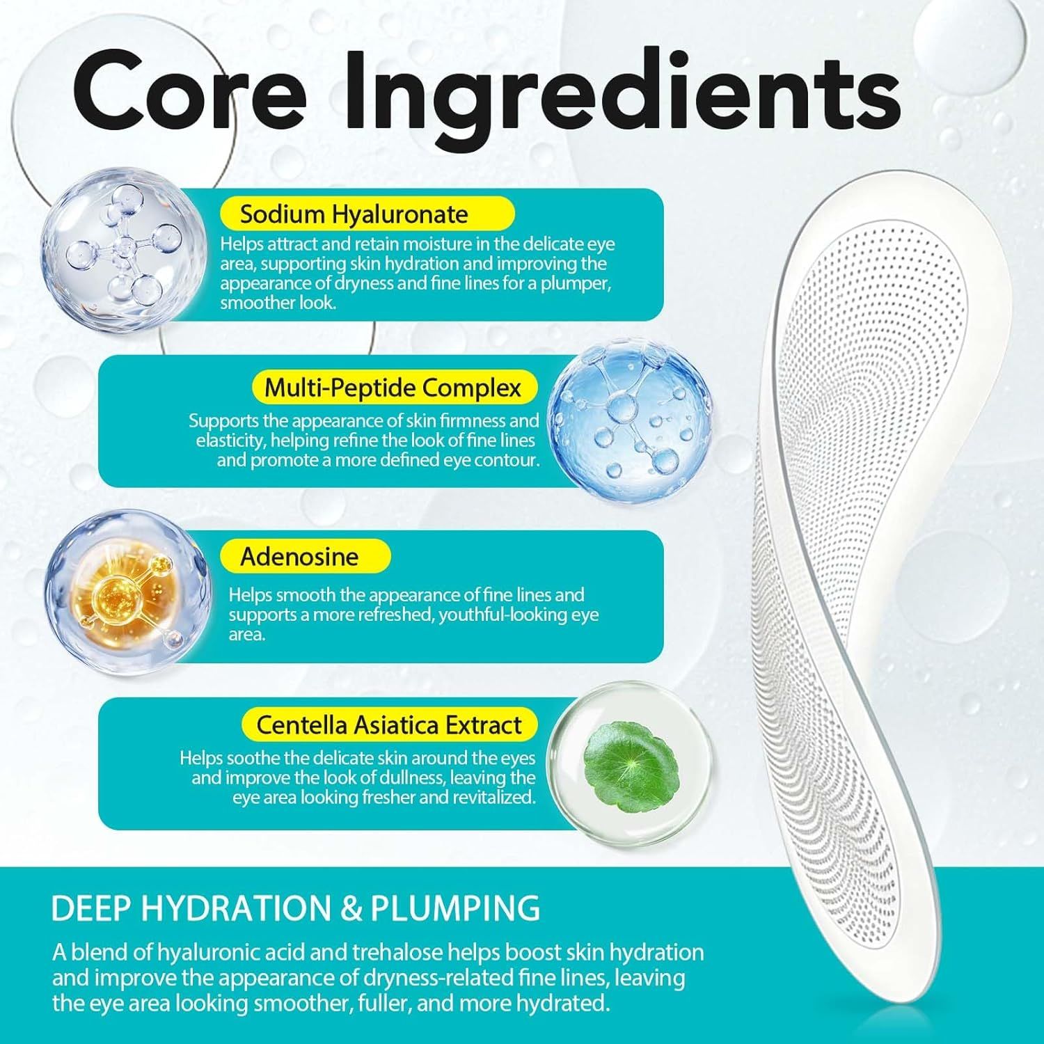 Immagine del prodotto con ingredienti: ialuronato di sodio, complesso multi-peptidico, adenosina, estratto di Centella Asiatica. Design del cerotto.