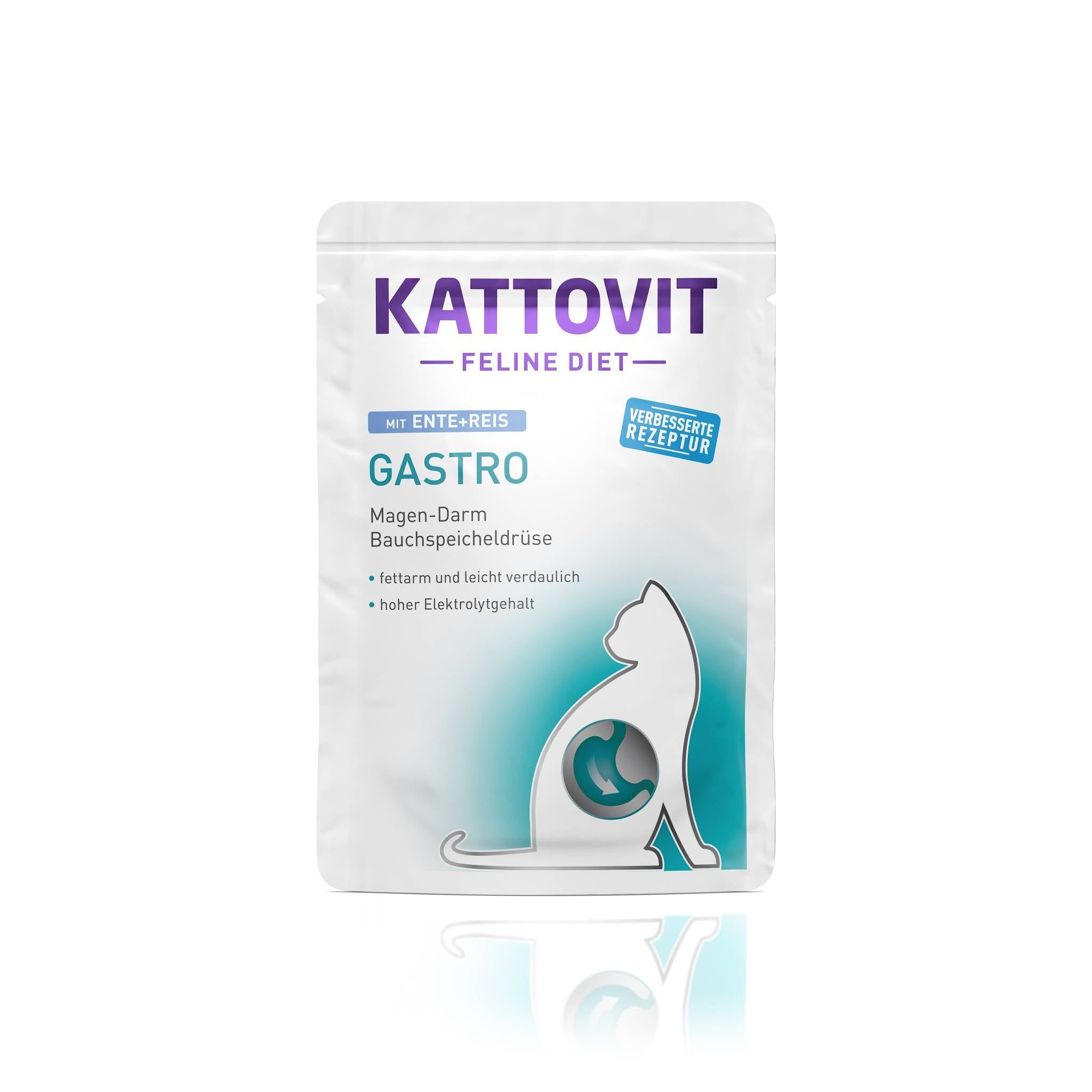 Busta KATTOVIT Gastro. Scritta: Gastro, pancreas. Sagoma di gatto con organi. Ricetta migliorata.