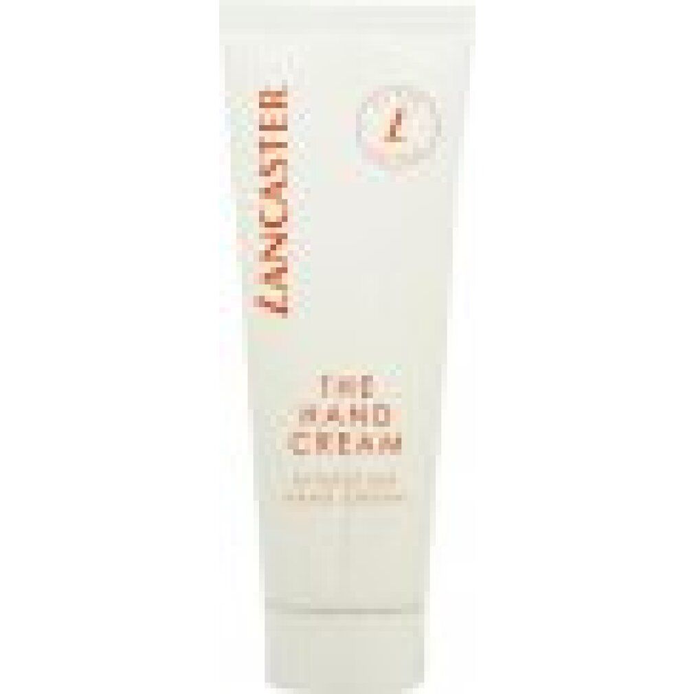 Tubo bianco con scritta "Lancaster The Hand Cream". Scritta arancione. Crema mani idratante.