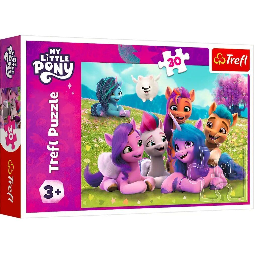Puzzle Trefl My Little Pony: Pony amichevoli, 30 pezzi. Confezione con motivo pony e pezzi del puzzle.