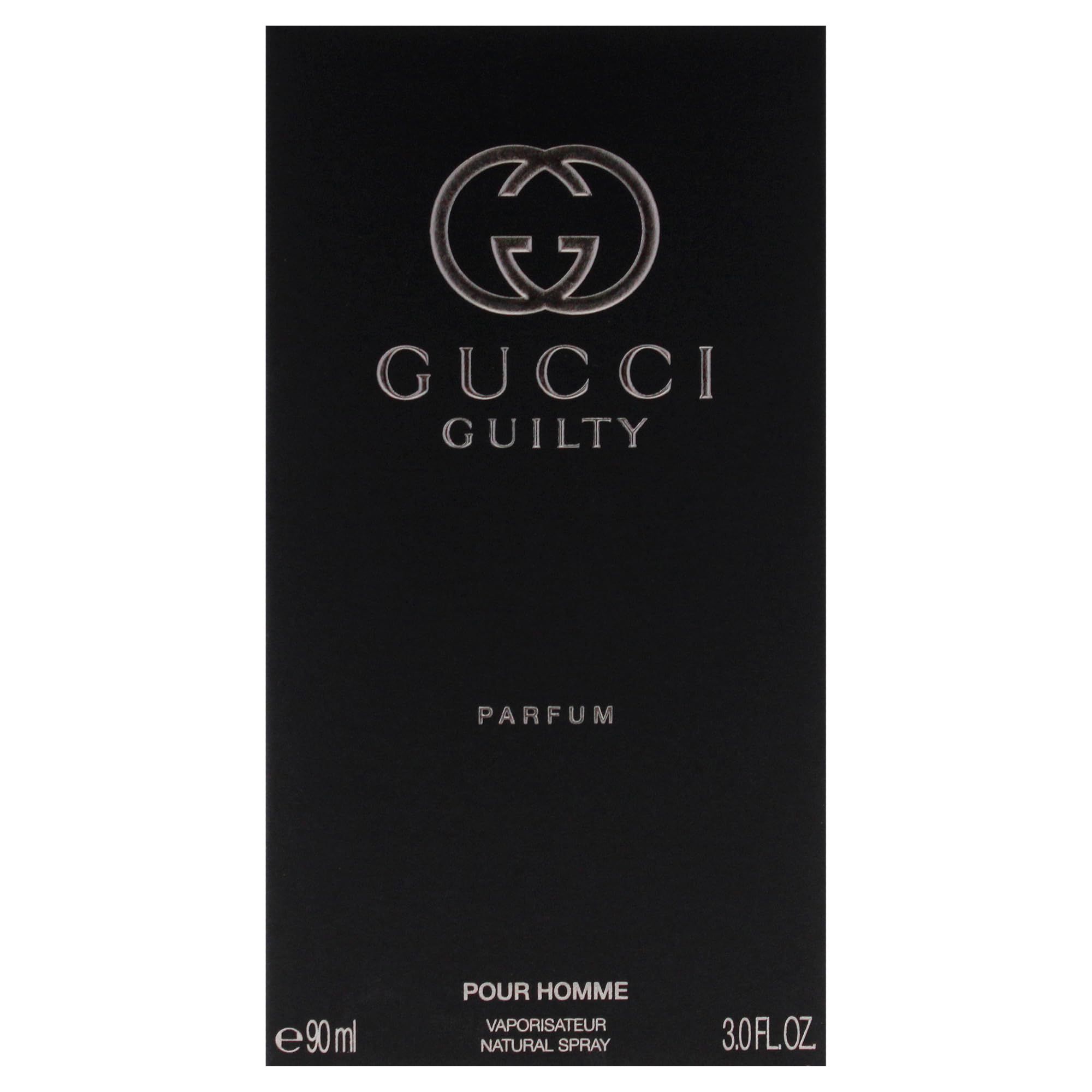 Confezione nera. Gucci Guilty Parfum. Logo e testo.