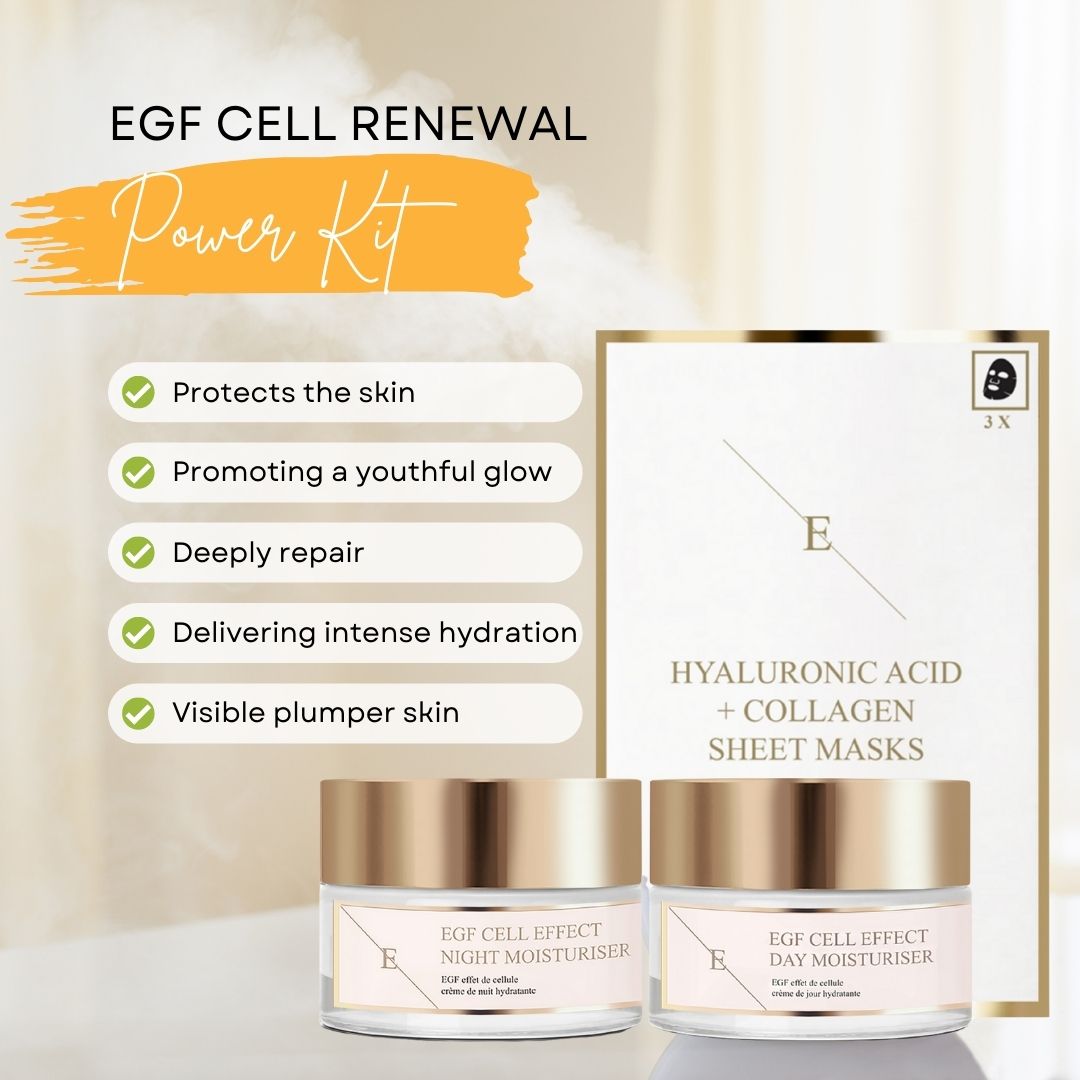 Due vasetti di crema, una confezione di maschere e testo. Sui vasetti c'è scritto "EGF Cell Effect". La confezione delle maschere riporta la scritta "Acido Ialuronico + Collagene".