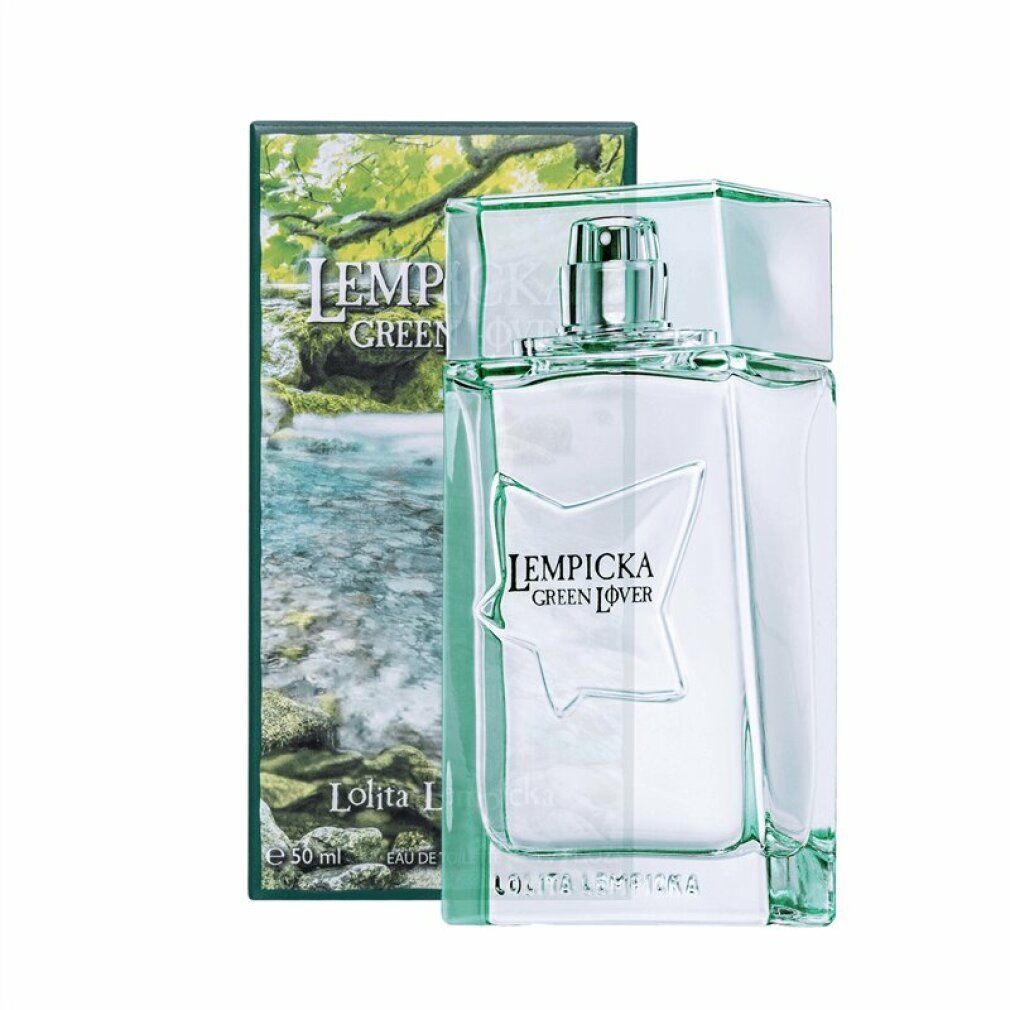 Flacone e confezione Lolita Lempicka Green Lover. Flacone rettangolare con liquido verdognolo. Confezione verde con logo e paesaggio.