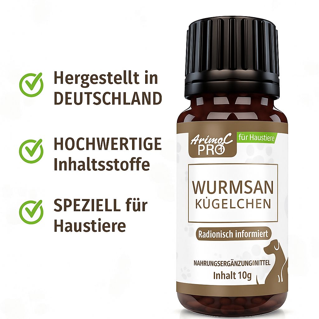 Bottiglia marrone con tappo nero. L'etichetta dice "Animal Pro Wurmsan Kügelchen". Testo: Prodotto in Germania.