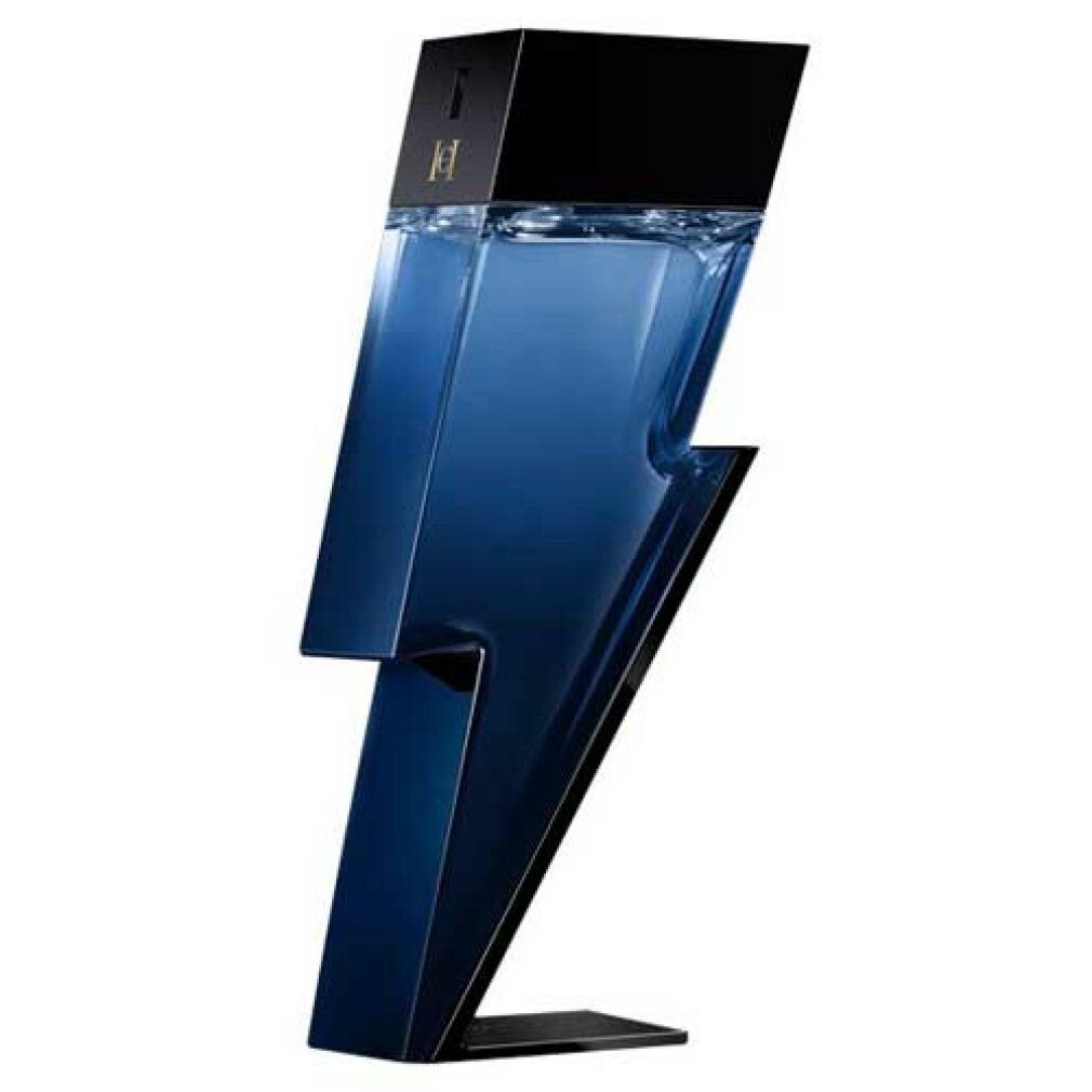 Flacone blu a forma di fulmine. Tappo nero. Logo in alto. Liquido visibile.