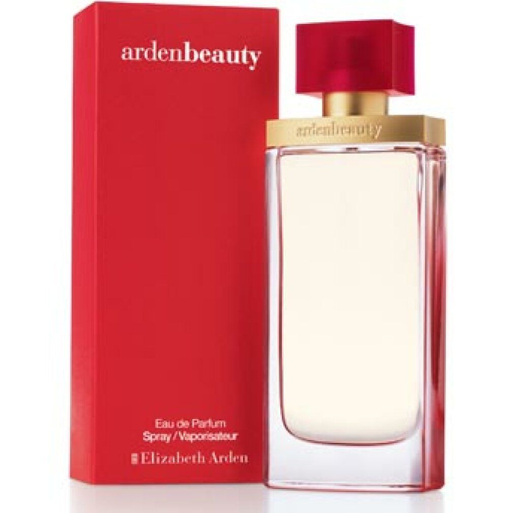 Scatola rossa e flacone. Flacone con tappo rosso e anello dorato. Testo: ardenbeauty, Eau de Parfum Spray.