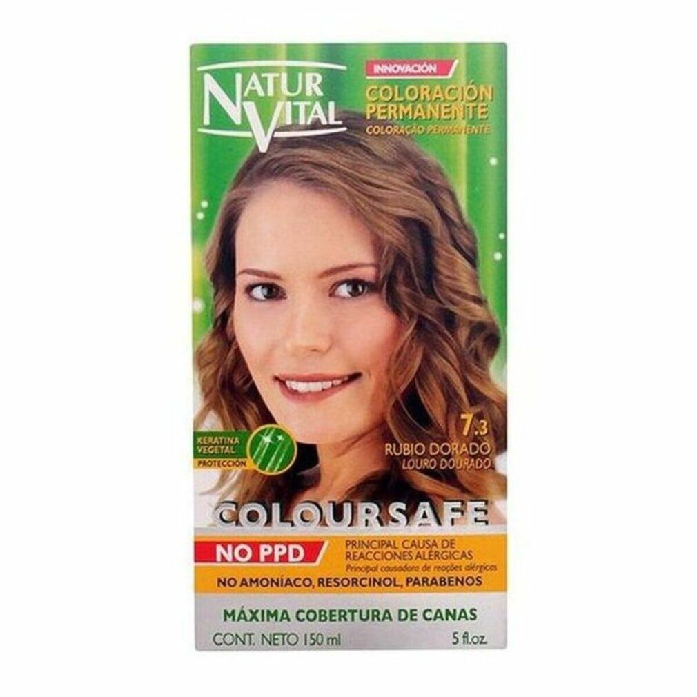 Confezione di tinta per capelli Natur Vital Coloursafe Permanente 7.3 Rubia Dorada. Donna con capelli castani. Senza PPD.