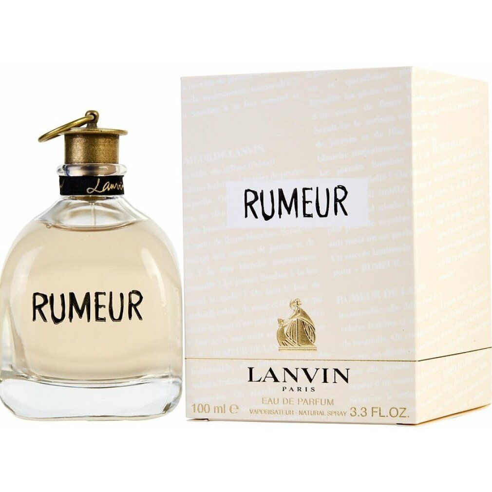 Flacone di profumo e scatola. Flacone con tappo dorato e scritta RUMEUR. Scatola con scritta RUMEUR e LANVIN.