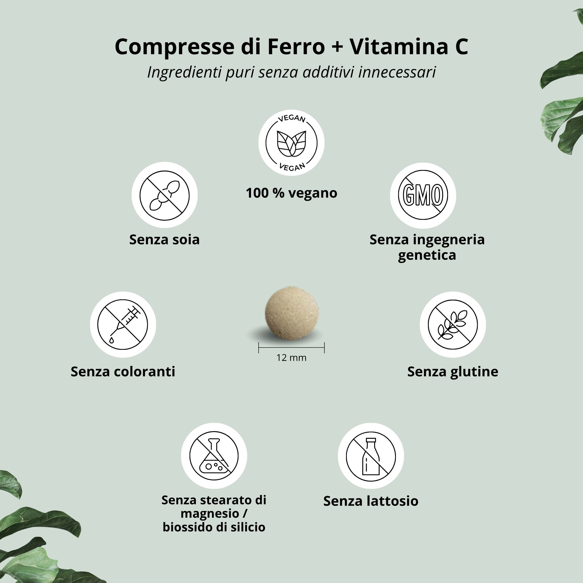 Compressa rotonda, diametro 12 mm. Senza soia, coloranti, glutine, stearato di magnesio, lattosio, OGM.