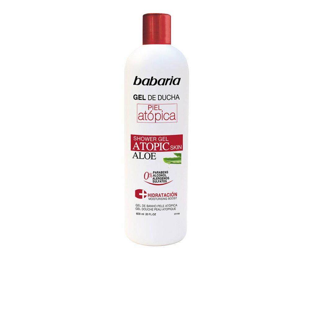 Flacone bianco Babaria Gel de Ducha, pelle atopica, aloe vera. Tappo rosso, scritta e illustrazione aloe vera.