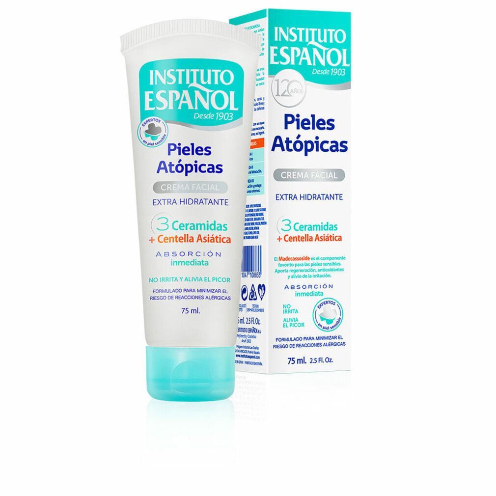 Tubo e scatola di crema. Scritta: Instituto Español, Pieles Atópicas, Creme Facial. Confezione turchese e bianca.