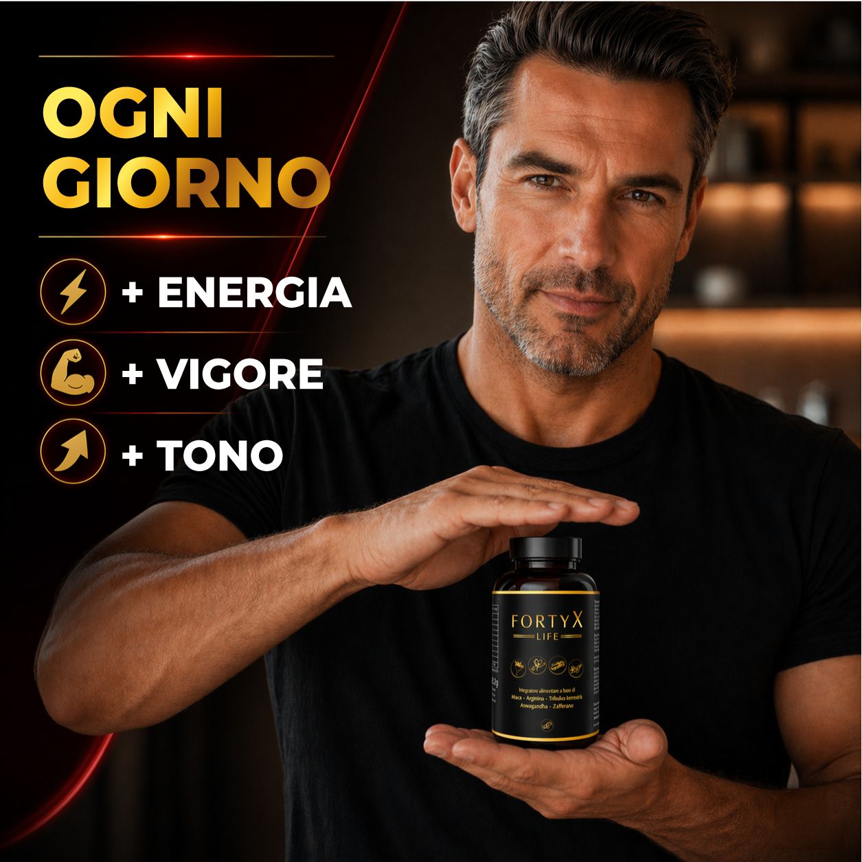 Uomo tiene in mano un flacone FORTYX LIFE. Testo: Energia, vigore, tono. Flacone di capsule marroni. Sfondo nero.
