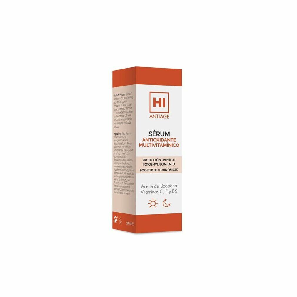 Confezione in cartone. Scritta: HI ANTIAGE, Sérum Antioxidante Multivitaminico. Testo e loghi.