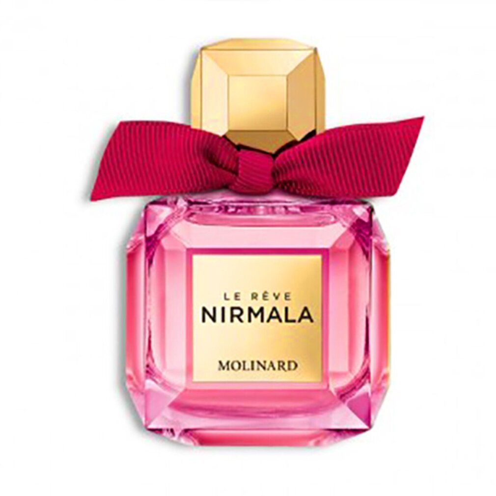 Flacone in vetro rosa con tappo dorato e fiocco rosso. Scritta Le Rêve Nirmala e Molinard.