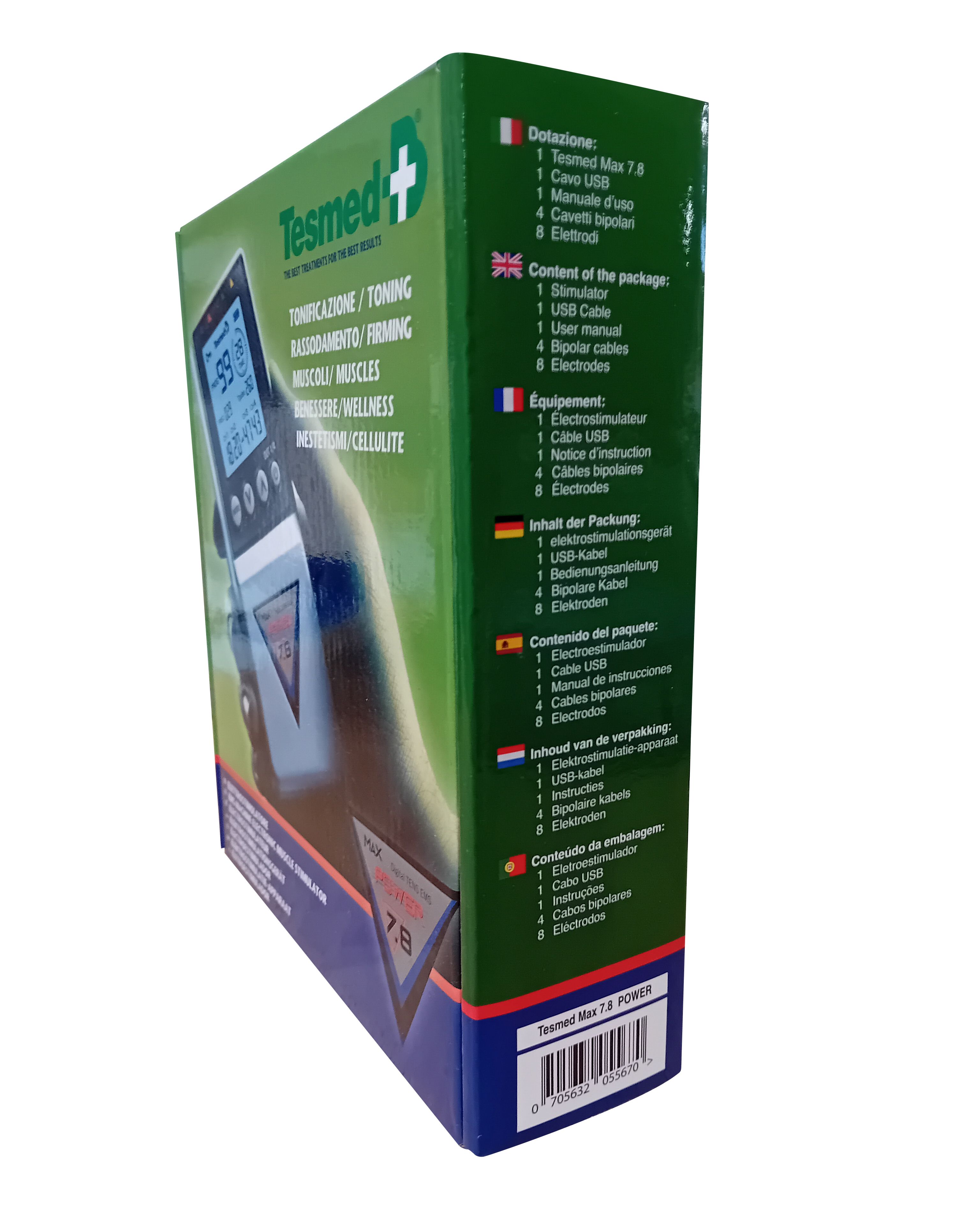 Confezione verde, vista laterale. Testo: "TESMED+ MAX 7.8 POWER". Contiene informazioni sul contenuto e sugli accessori.